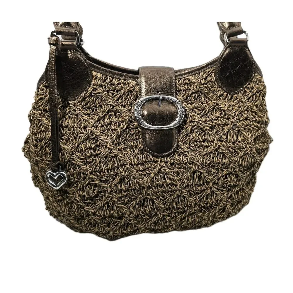 BRIGHTON VINTAGE Woven Straw Shoulder Hobo Bag Bronze Leather Trim Charm